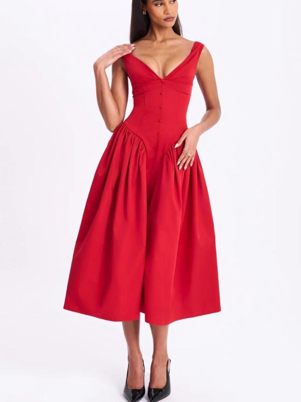 Nahla Red Drop Waist Midi Dress with Buttons
